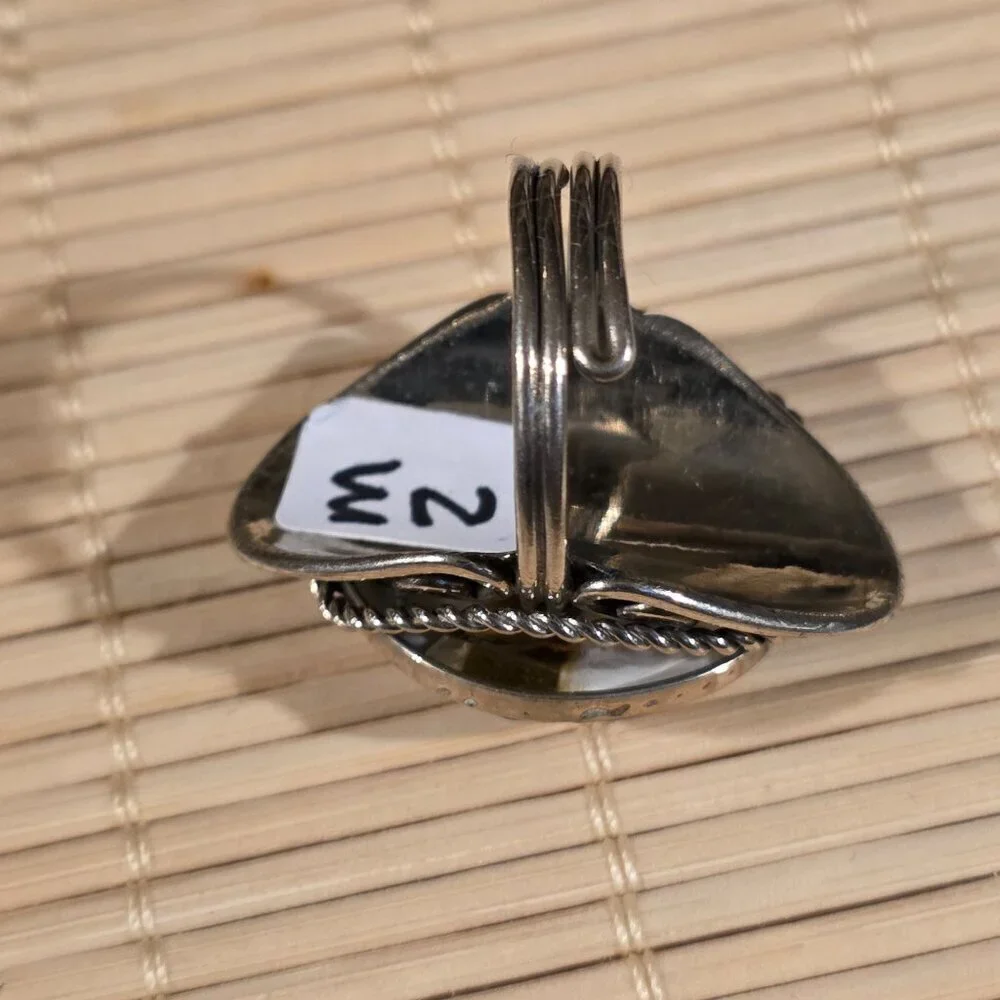 Peruvian Fused Art Glass White Silver Multi Crescent Moon OOAK Artisan Ring